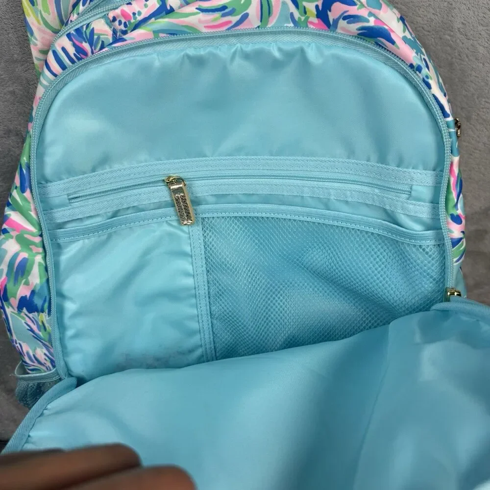 Lilly Pulitzer Tropical Floral Backpack Blue Pink Green Gold Logo